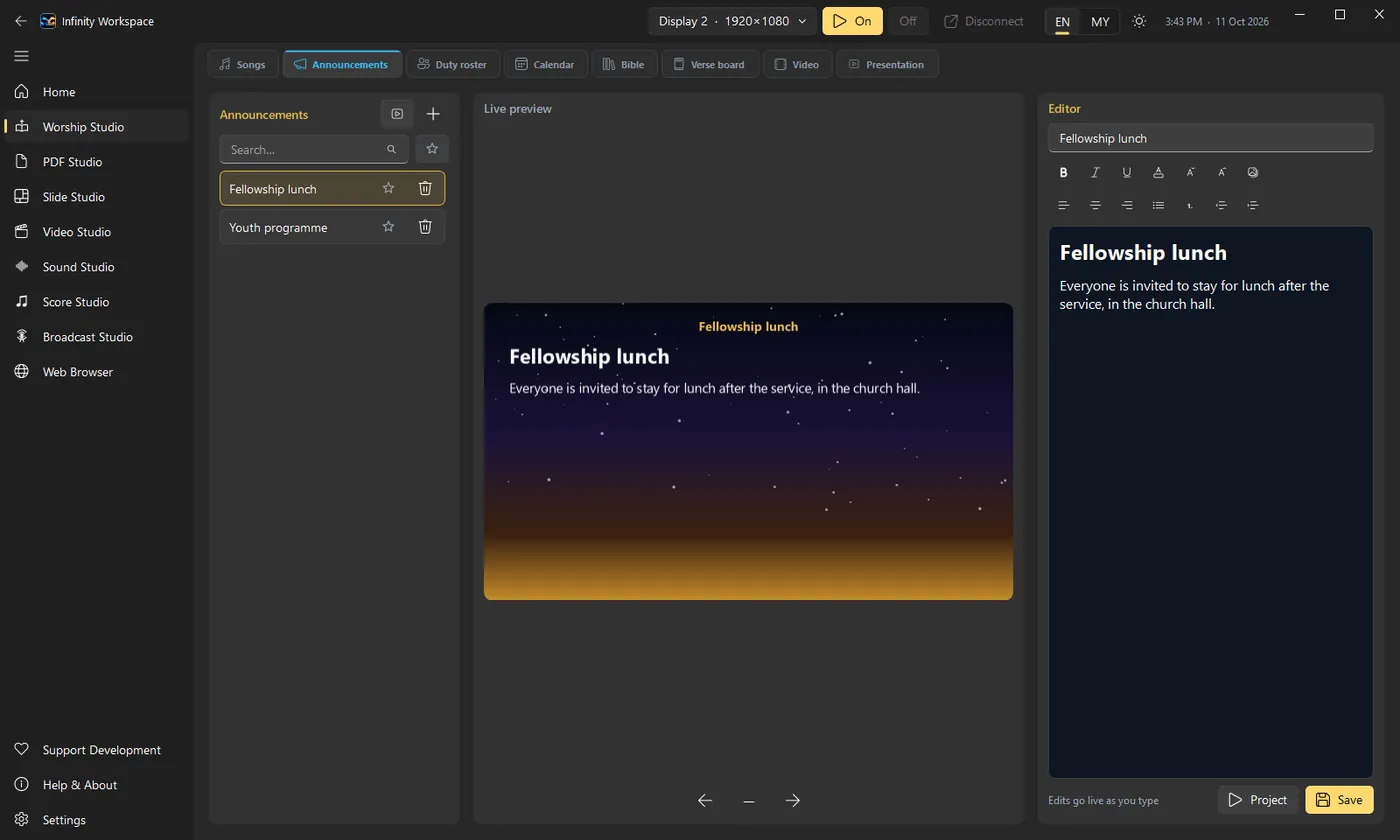 Announcements in Infinity Workspace