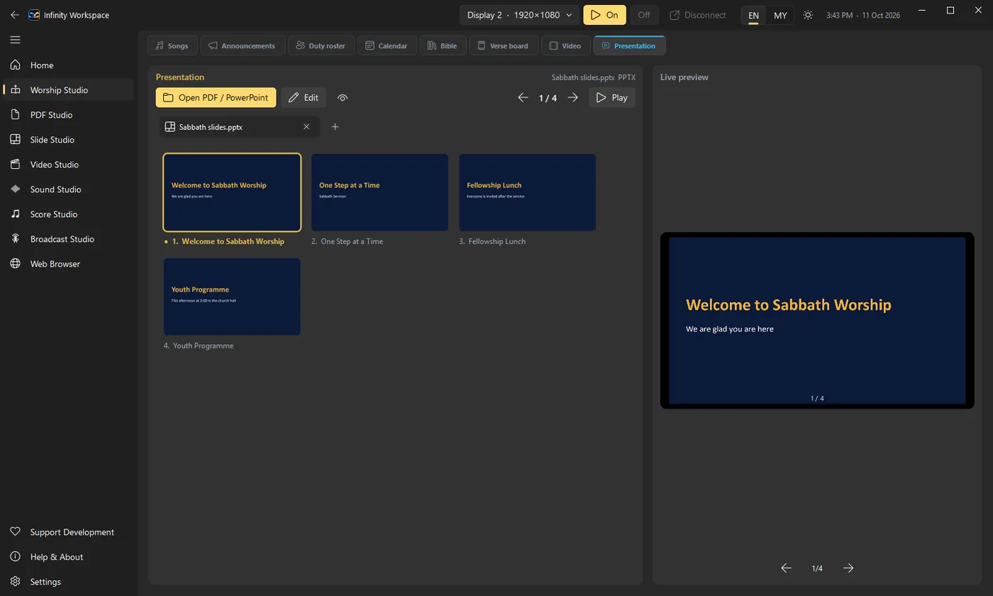 Presentation in Infinity Workspace